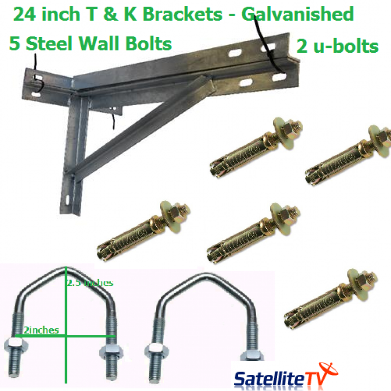 24 inch T + K Galvanished Steel Wall Brackets + 2 U-Bolts + 5 Wall Bolts