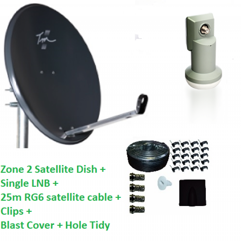 Technomate Zone 2 Satellite Dish + Single LNB + 25m RG6 Cable Technomate Zone 2 Satellite Dish + Single LNB + 25m RG6 Cable