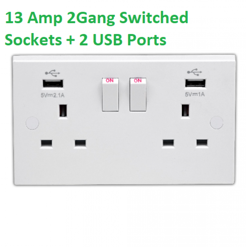 13 Amp 2Gang Switched Sockets + 2 USB Ports
